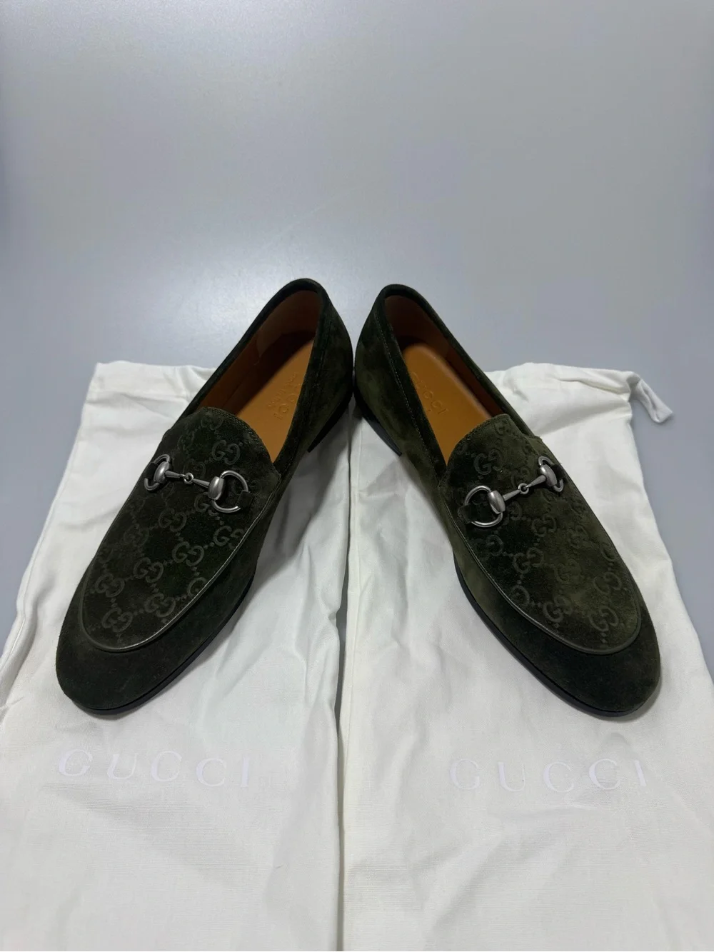 Gucci Jordy Loafers Dark Green Suede Men’s GG Size 8